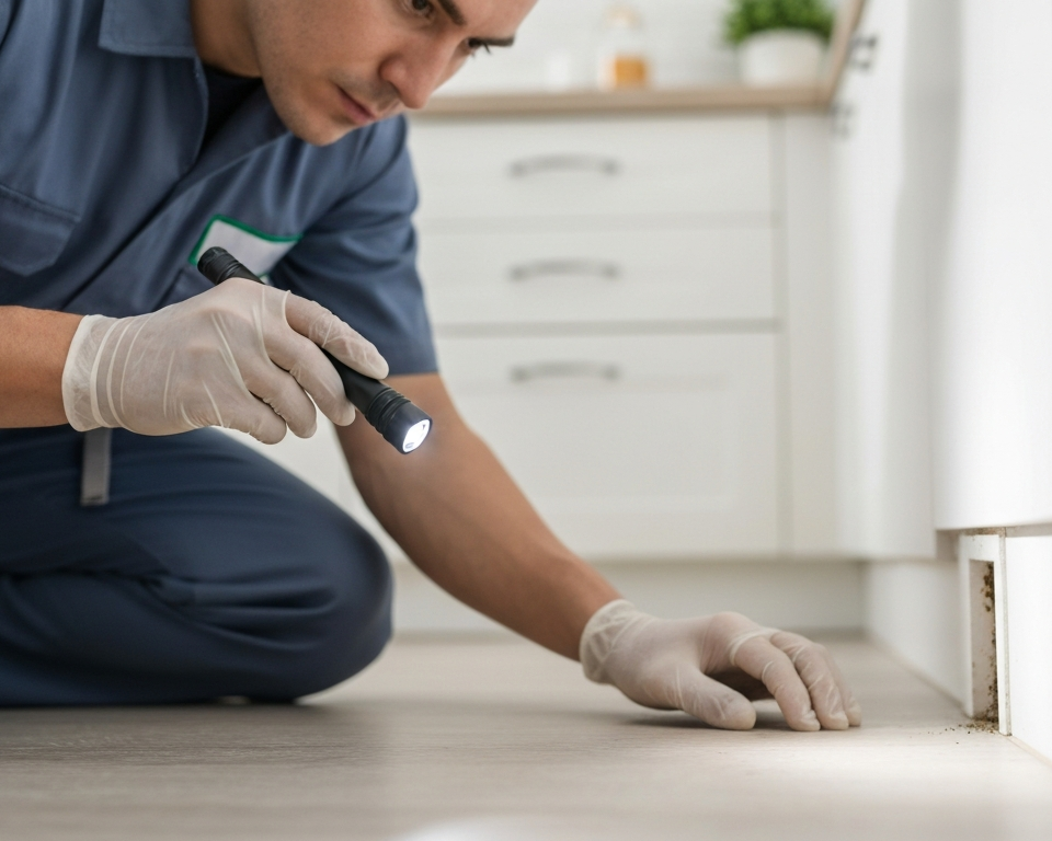 Professional technician performing effective pest management inspection in a kitchen.