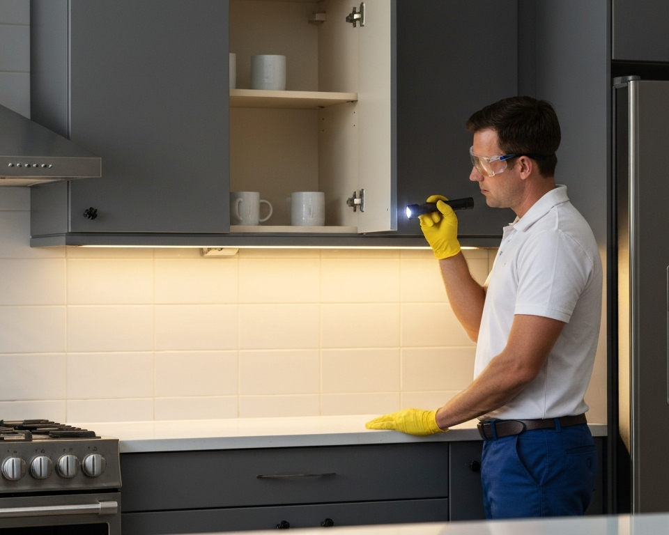 Professional inspection for effective pest control services in a modern kitchen