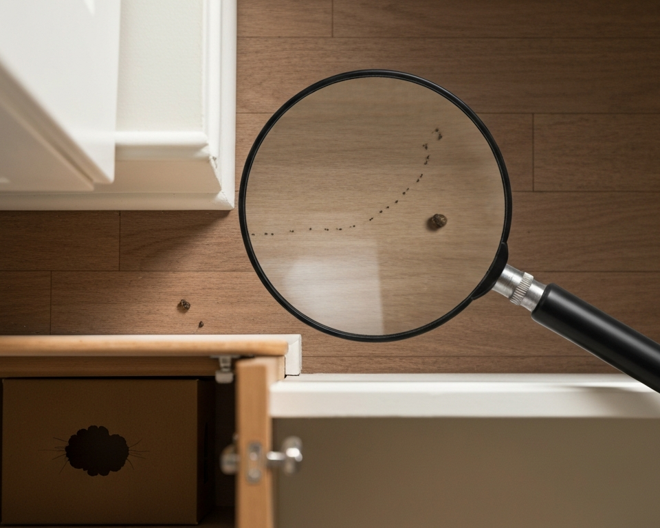 Close-up of signs of pests during a home pest inspection, including ant trails and rodent droppings.