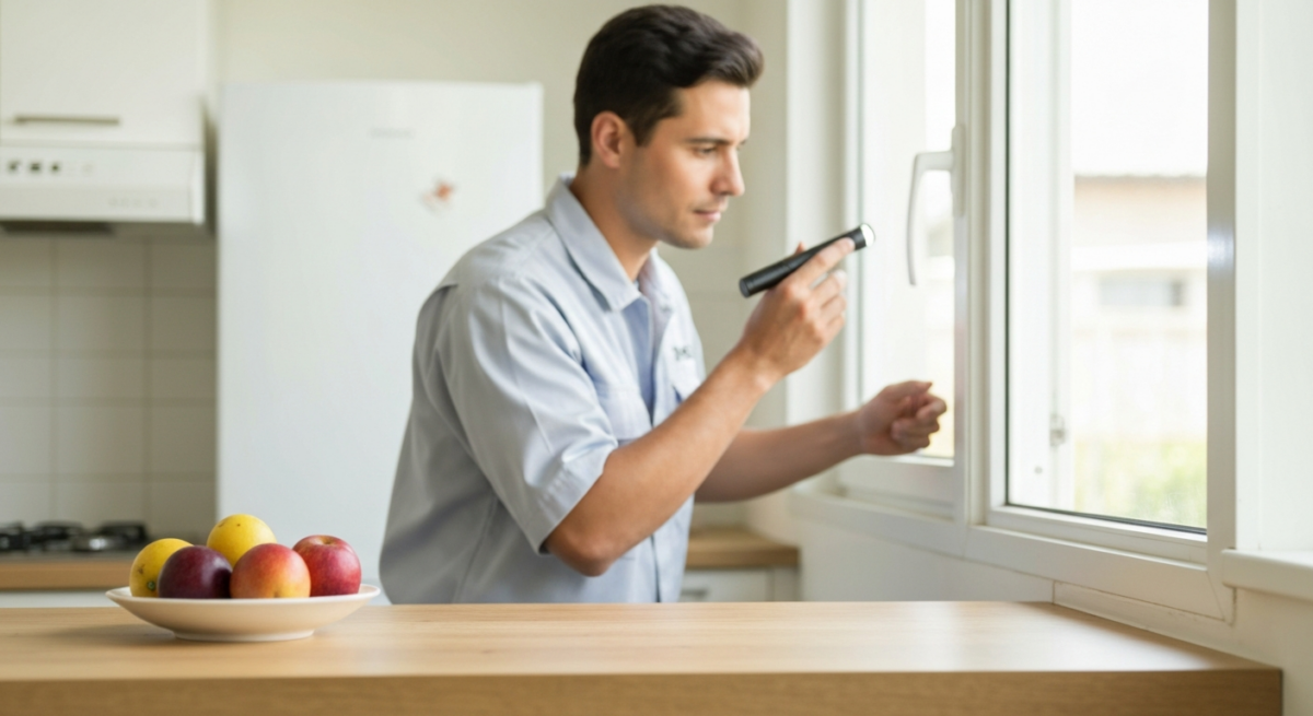 Professional residential pest control technician inspecting a kitchen window