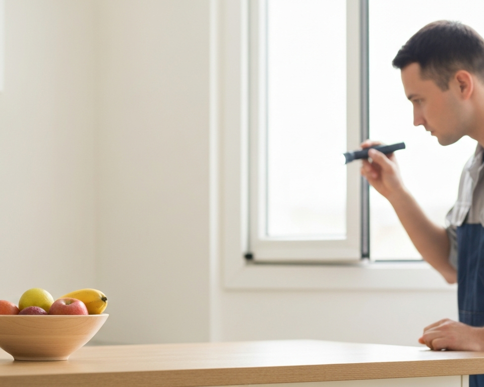 Professional residential pest control technician inspecting a kitchen window