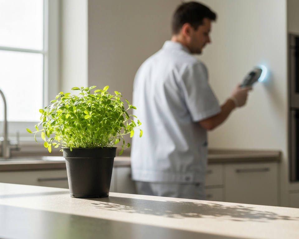 Professional technician ensuring effective pest management in a clean home environment.