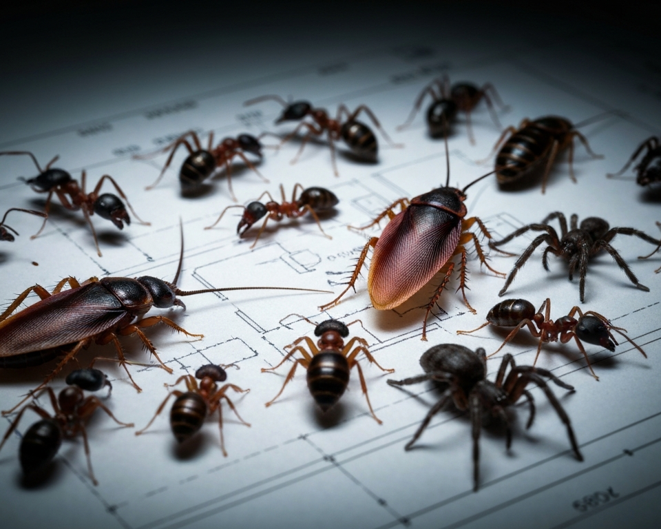 Close-up of various pests on a blueprint, representing professional pest management strategies.