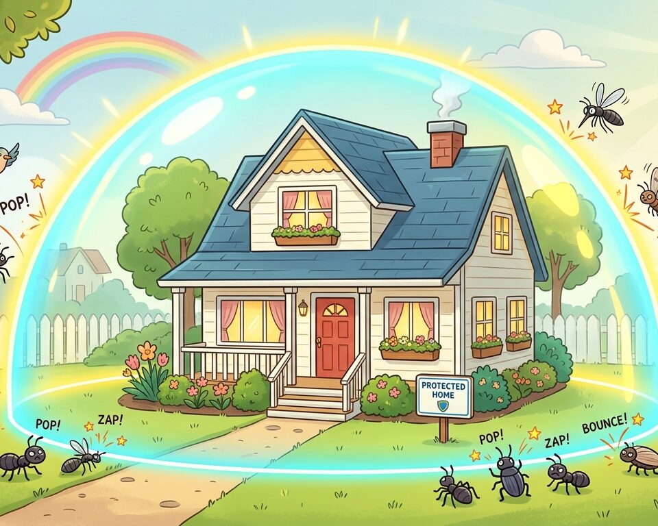 Home pest control illustration showing a protected house warding off common pests.