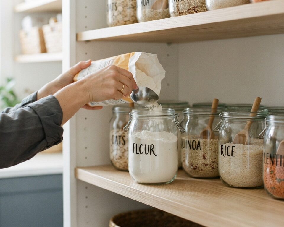A person organizing a pantry with airtight glass jars to prevent pantry pests in a clean kitchen.
