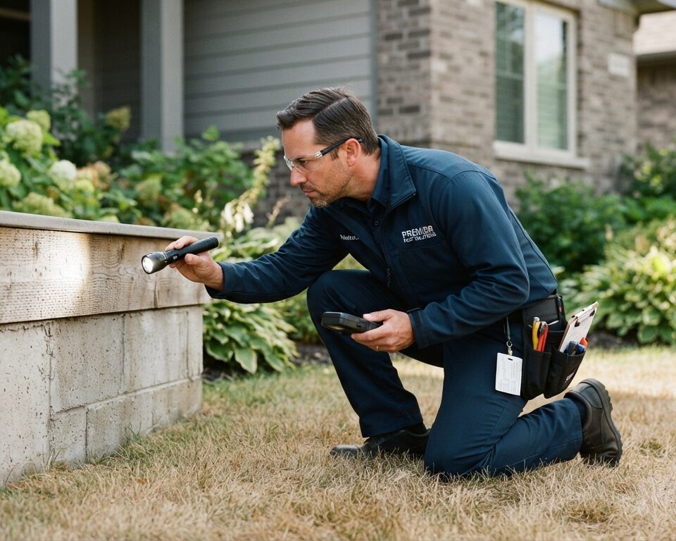 Professional technician performing a home termite inspection on a residential foundation.